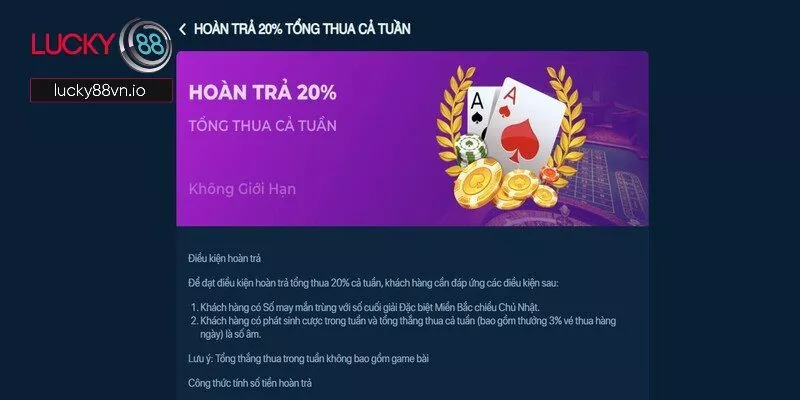 Hoàn Trả 20% Lucky88 - Khám Phá Chi Tiết Ưu Đãi Xanh Chín Người chơi cần có tổng thắng thua âm trong cả một tuần